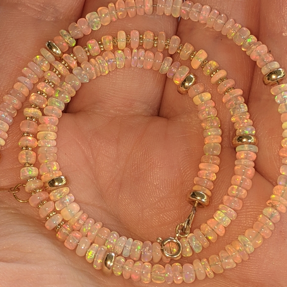 14k Yellow Gold Baby Pink Ethiopian Opal Beaded Gemstone Gold spacers Necklace - Picture 11 of 13